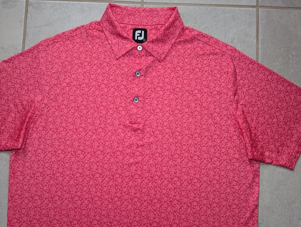 Footjoy Men's Large Golf Polo Shirt Pink Floral Performance Short Sleeve Stretch